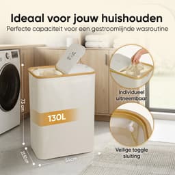 Rivoya Wasmand 2 Vakken - Wassorteerder - 130L - Met 2 Uitneembare Zakken - Wasmand met deksel - Laundry basket - Waszak - Beige - Knopen — thumbnail 4