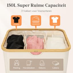 Dailygoody - Lifewit Wasmand - Grote wasmand met deksel - Beige - Kleding sorteren - 150 liter wasmand voor slaapkamer en badkamer — thumbnail 3