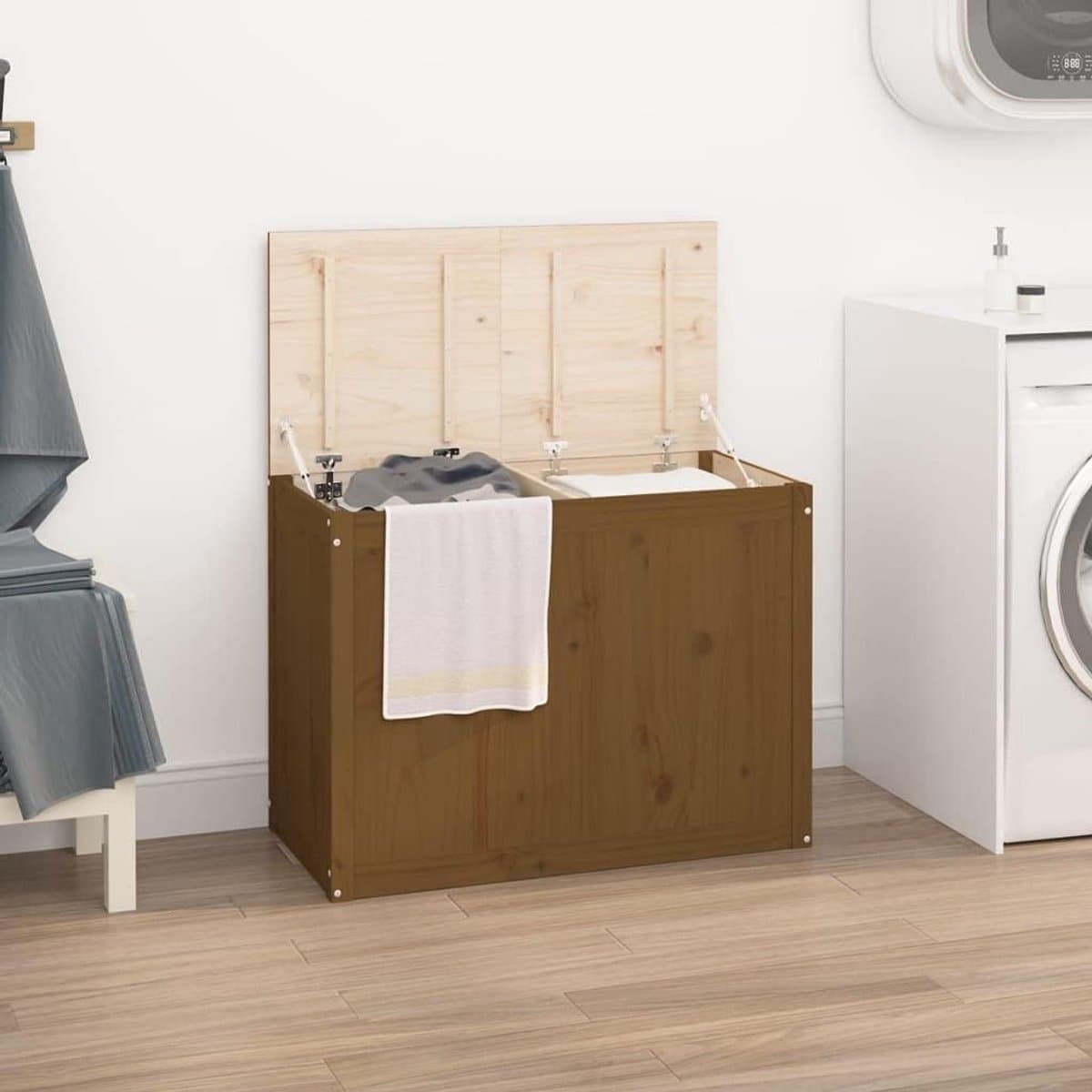Wasmand van grenenhout, 88,5 x 44 x 66 cm, wasmand met 2 vakken en gasveer, wasmand voor badkamer, slaapkamer — afbeelding 1