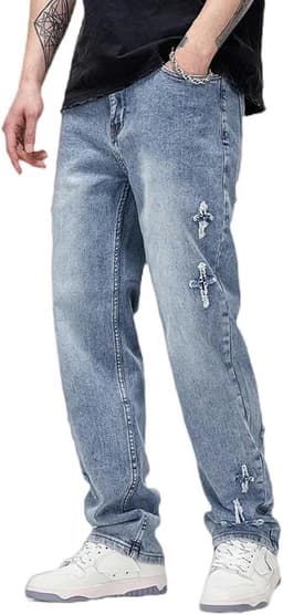 Washed Cross Jeans Casual Wijde Pijpen Dweilbroek Heren Losse Broek Heren en Dames - Lichtblauw - XXL — thumbnail 1