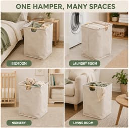 Linnen wasmand met houten handgrepen, 30 x 30 x 40 cm — thumbnail 2