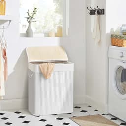 Wasmand Vuile wasmand met deksel,51,5 x 31,5 x 60,5 cm, wit, uitneembare voering, katoenen handgrepen en 2 vakken, 100 liter opslagcapaciteit, geschikt voor wasruimte en slaapkamer, — thumbnail 3