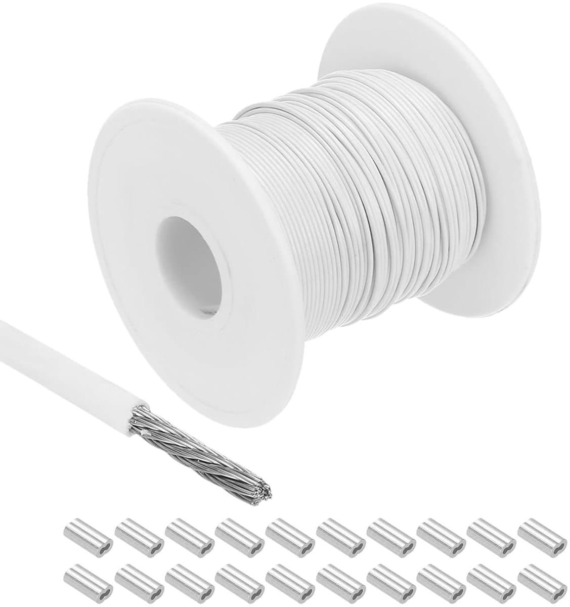 Cosensi - Metalen kabel van roestvrij staal 304 197 ft (60 m) - 3/64 inch (1 mm) met vinylcoating - inclusief 20 aluminium hulzen - voor wasrek en optillen - wit — afbeelding 1