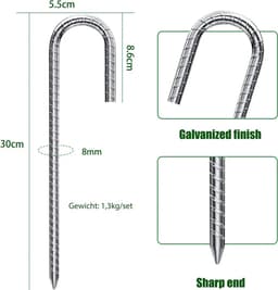 Een set van 8 grondankers, 30 cm J-haken – tenthaken, Geschikt voor het vastzetten van hekken, tenten, luifels en bloemenrekken. — thumbnail 2