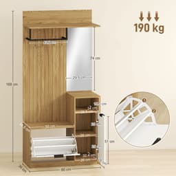 Halmeubel combinatie met kapstok, zitbank en schoenenkast - 4 haken en kledingstang - Ingebouwde schoenenkast - Afsluitbaar opbergkastje - Eikenhout en wit — thumbnail 5