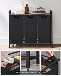 Wasmand 3 Vakken, Wasverzamelaar met Plank, Wasdoos, Oxford Doek Waszak Afneembaar, Metalen Frame, 3 x 38 L, 92.5 x 33 x 72 cm, Vintage Zwart-Grijs — thumbnail 5