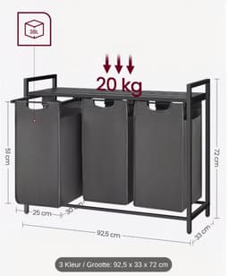 Wasmand 3 Vakken, Wasverzamelaar met Plank, Wasdoos, Oxford Doek Waszak Afneembaar, Metalen Frame, 3 x 38 L, 92.5 x 33 x 72 cm, Vintage Zwart-Grijs — thumbnail 4