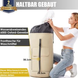 Waszak, vuile was, XXL, 115 liter, waszak voor op reis met 2 gevoerde schouderbanden, opvouwbare opbergzak, kledingtas, plunjezak, rugzak (beige) — thumbnail 3