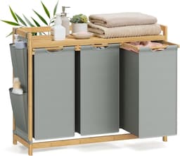 Wasmand 3 vakken, bamboe, wasverzamelaar 150 l, wassorteerder, met plank, waszak, kleine zijzakken, wasrek, 3 x 50 l, 94 x 33 x 78 cm, duifgrijs RLH115G01 — thumbnail 2