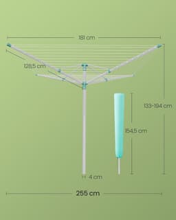 Draaibare Waslijn, In Hoogte Verstelbaar Kledingrek, Aluminiumlegering, Buiten, met Grondanker, Beschermhoes, Wasknijpers, Zilvergroen, 60 m Waslijn, voor 6 Wasbeurten LLR302E01V1 — thumbnail 3