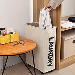 Ruimtebesparende Wasmand met Handvat en Wielen, Opvouwbare Laadmand voor Vuile Was, Ideaal voor Smalle Ruimtes, 39 x 20 x 56 cm (Beige) — thumbnail 4