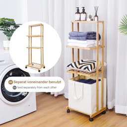 Bamboe Wasmand met Wieltjes en 4 Verdiepingen - Wasverzamelaar voor Badkamer - 121x34x42cm - 50kg Belastbaar - Natuur wassorteerder — thumbnail 3
