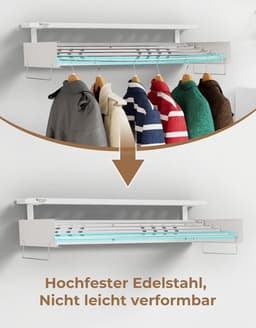 Opbergrek voor muur - 80 cm uittrekbaar droogrek met haken en waslijn - inklapbaar en ruimtebesparend - wit — thumbnail 2
