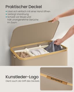 Delightness Wasmand - Wasmand 3 Vakken - Wasmand Met Deksel - Wasmanden - Uitneembare Waszak - 150 L - Bamboo - Camel Bruin — thumbnail 5