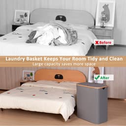 Wasmand - 150L Extra Groot met 2 Vakken, Bamboe Handvat en Deksel - Voor Wasruimte, Slaapkamer en Badkamer - Grijs — thumbnail 5