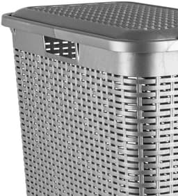 Plasticforte Smalle Wasmand met deksel Rotan - 2x - zilvergrijs - gevlochten kunststof - 48 liter - 27 x 46 x 60 cm — thumbnail 3