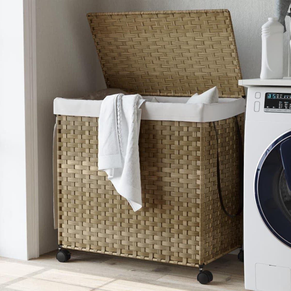 Wasmand Rotan - Wasopberger - Kleding Sorteren - Met Wieltjes - 60 cm Hoog - Bruin — afbeelding 1