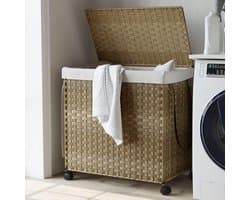 Wasmand Rotan - Wasopberger - Kleding Sorteren - Met Wieltjes - 60 cm Hoog - Bruin