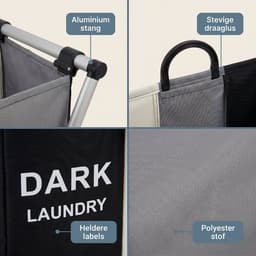 Cheqo® Wasmand met 3 Vakken - Wassorteerder - Opvouwbaar - Sorteren voor Badkamer - Was Organizer - Wasgoed - Donker Licht Kleur - Aluminium Frame - Laundry Basket - Waszak - Inklapbaar - Wasbox - Stevig voor Slaapkamer en Wasruimte — thumbnail 4