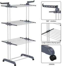 Opvouwbare Metalen Kapstok met Wielen, stevig 4 layers, Zijvleugels,Huge capaciteit Droogrek voor Binnen en Buiten, Uitschuifbare Kledinghouder Kledingstang, grijs — thumbnail 3