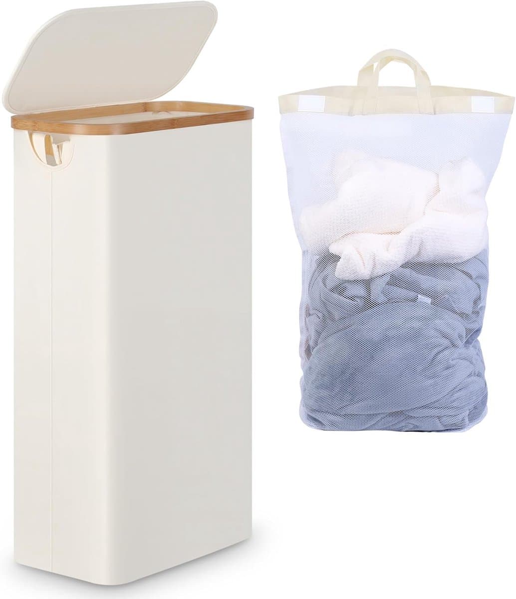 Smal Beige Wasmand met Deksel - 63 Liter - Opvouwbaar - Bamboegrepen — afbeelding 1