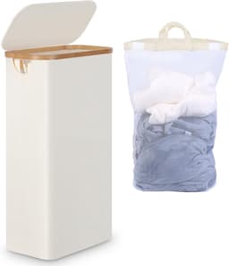 Smal Beige Wasmand met Deksel - 63 Liter - Opvouwbaar - Bamboegrepen — thumbnail 1