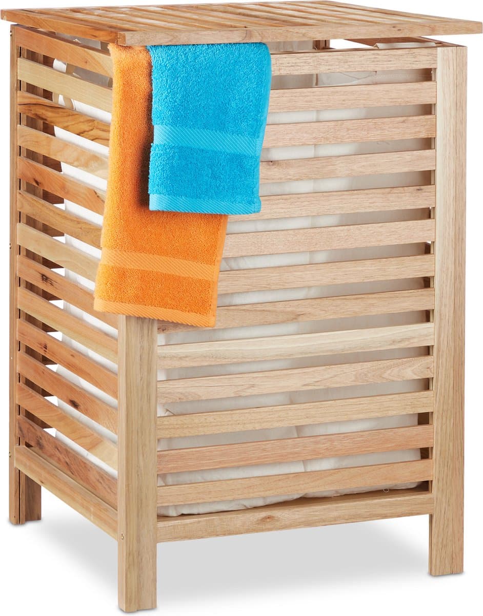 wasmand walnotenhout - met deksel - 52 l - uitneembare waszak - badkamer — afbeelding 1