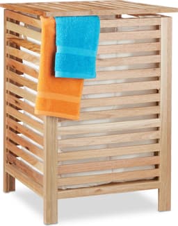 wasmand walnotenhout - met deksel - 52 l - uitneembare waszak - badkamer — thumbnail 1