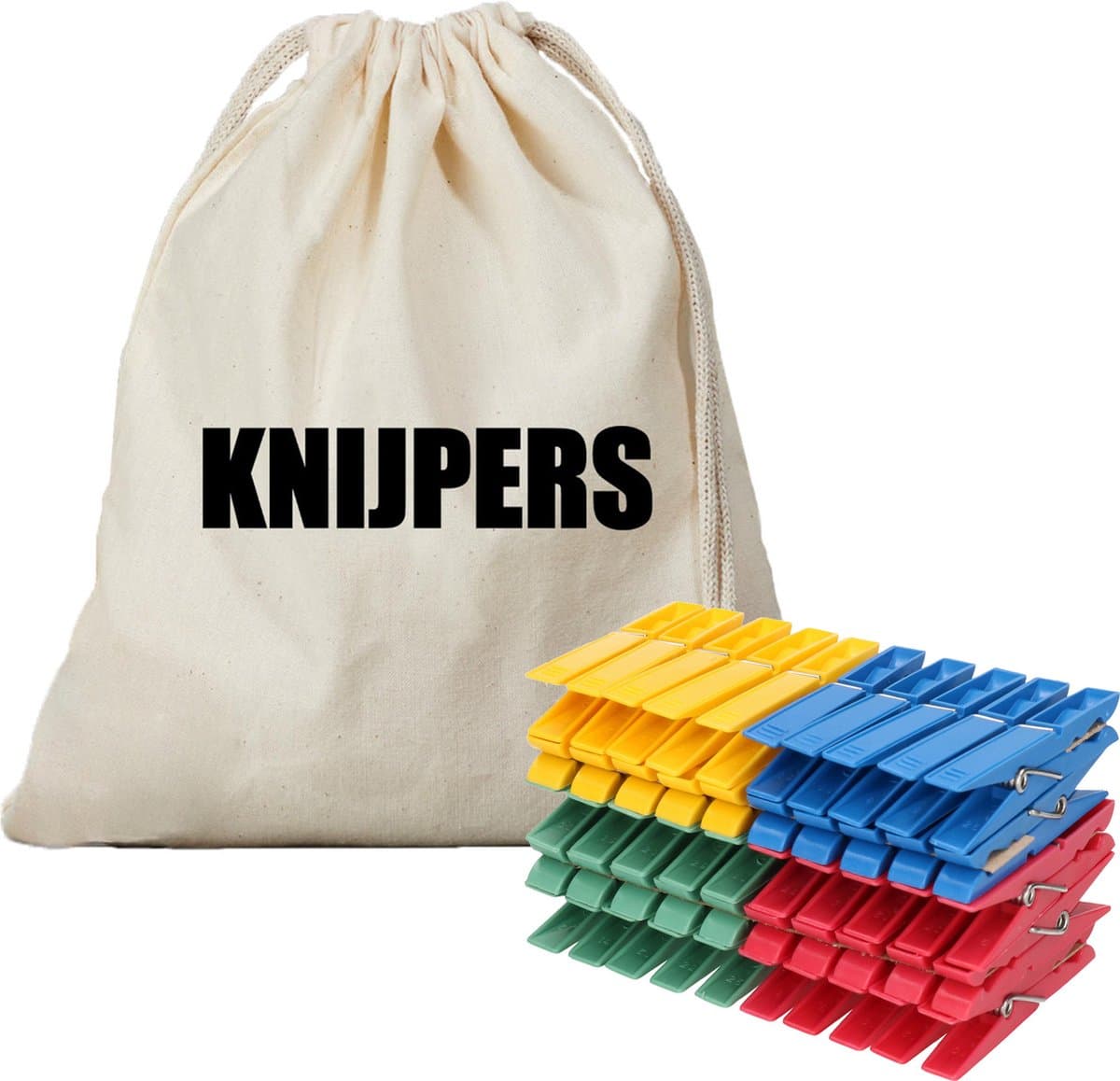 Canvas knijperzak/ opbergzakje knijpers wit/ offwhite met koord 25 x 30 cm en 100 plastic wasknijpers - Knijperzak met knijpers — afbeelding 1