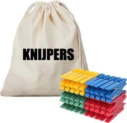 Canvas knijperzak/ opbergzakje knijpers wit/ offwhite met koord 25 x 30 cm en 100 plastic wasknijpers - Knijperzak met knijpers — thumbnail 1