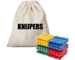 Canvas knijperzak/ opbergzakje knijpers wit/ offwhite met koord 25 x 30 cm en 100 plastic wasknijpers - Knijperzak met knijpers — afbeelding 1