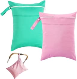 2 stuks natte zakken, 40 x 30 cm, waterdichte waszak in groen en roze, reistas met twee ritssluitingen, kleine tas voor natte spullen, ideaal voor badmode, strandhanddoeken en luiers — thumbnail 1