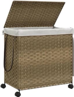 Wasmmand Rieten Wasmand Wasbak Wasmand Met Wielen – Handgeweven Riet – 4 Wielen Met Remmen – Afneembare Wasbare Binnenzak – Inklapbaar En Ruimtebesparend — thumbnail 1