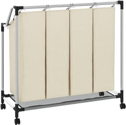 Wasmand met 4 vakken op wielen - wassorteerder met stevig stalen frame voor huishouden, waswagen in crème, 96 x 40 cm — thumbnail 5
