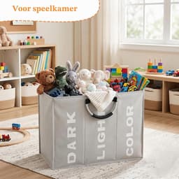 3 vakken, opvouwbaar, opbergtas met handvat, manden voor vuile was, 80 l, kleding, waszak voor slaapkamer, hotel, slaapzaal, 60 x 32 x 49 cm, donkergrijs — thumbnail 2
