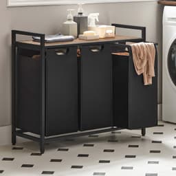 Wasmand Wasgoedmand 87,7 x 33 x 72 cm Zwart+bruin 3 vakken van 40 L voor gescheiden opbergen Met verstelbare poten, uittrekbare en afneembare binnenzak, zijvak en roosterplank Gemakkelijk te monteren en reinigen Geschikt voor wasruimte en badkamer — thumbnail 3