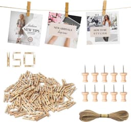 150 Mini Houten Knijpers Set met 10m Jute Touw en Spijkers - Decoratieve Klemmen voor Foto's en Knutselen — thumbnail 1