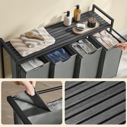 Wasmand 4-vaks sorteermand 116×33×72 cm Zwart-grijs Met uittrekbare en afneembare waszakken Lattenrek voor ventilatie Stevig metalen frame Geschikt voor wasruimte, badkamer en slaapkamer — thumbnail 5