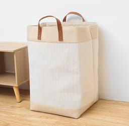Webzon – Wasmand – Wasmanden – Wasmand inklapbaar – Opvouwbare Wasmand – 30×35×55 cm – Engels design – Jute stof met leren handvatten – Opbergmand – Opvouwbaar en ruimtebesparend – Creme-beige — thumbnail 1
