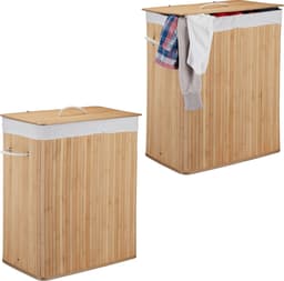 2x wasmand bamboe - 2 vakken - wassorteerder - 95 liter - opvouwbaar - deksel — thumbnail 1