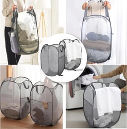 Thijox - 2 stuks 75 liter opvouwbare wasmanden, mesh, grote pop-up wasmanden, ademend en draagbaar met handvat en zijzak, donkergrijs voor thuis, camp — thumbnail 2