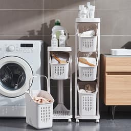Opbergwagen op wielen - Wasmand met lagen - Ruimte organiseren - 360° vergrendelbare wielen - 108.5cm hoog - Grijs — thumbnail 2