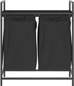 Wasmand – Laundry Basket – Wasbox – Wascontainer – Wasrek – 2 Compartimenten – Stevig Stalen Frame met Houtlook Opbergrek — thumbnail 3