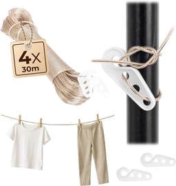 4 x Waslijn 30m, 2mm waslijn met stalen kern en kunststof ommanteling, weerbestendig wastouw voor balkon, tuin & camping, extra sterke lijn — thumbnail 1