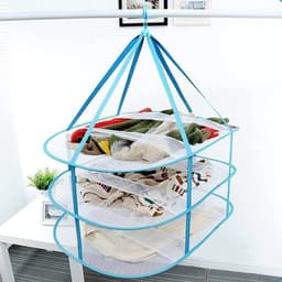 Vouwbare Winddichte Mesh Mand - 3 Niveaus voor Het Drogen van Truien - Blauwe Textielnet — thumbnail 5