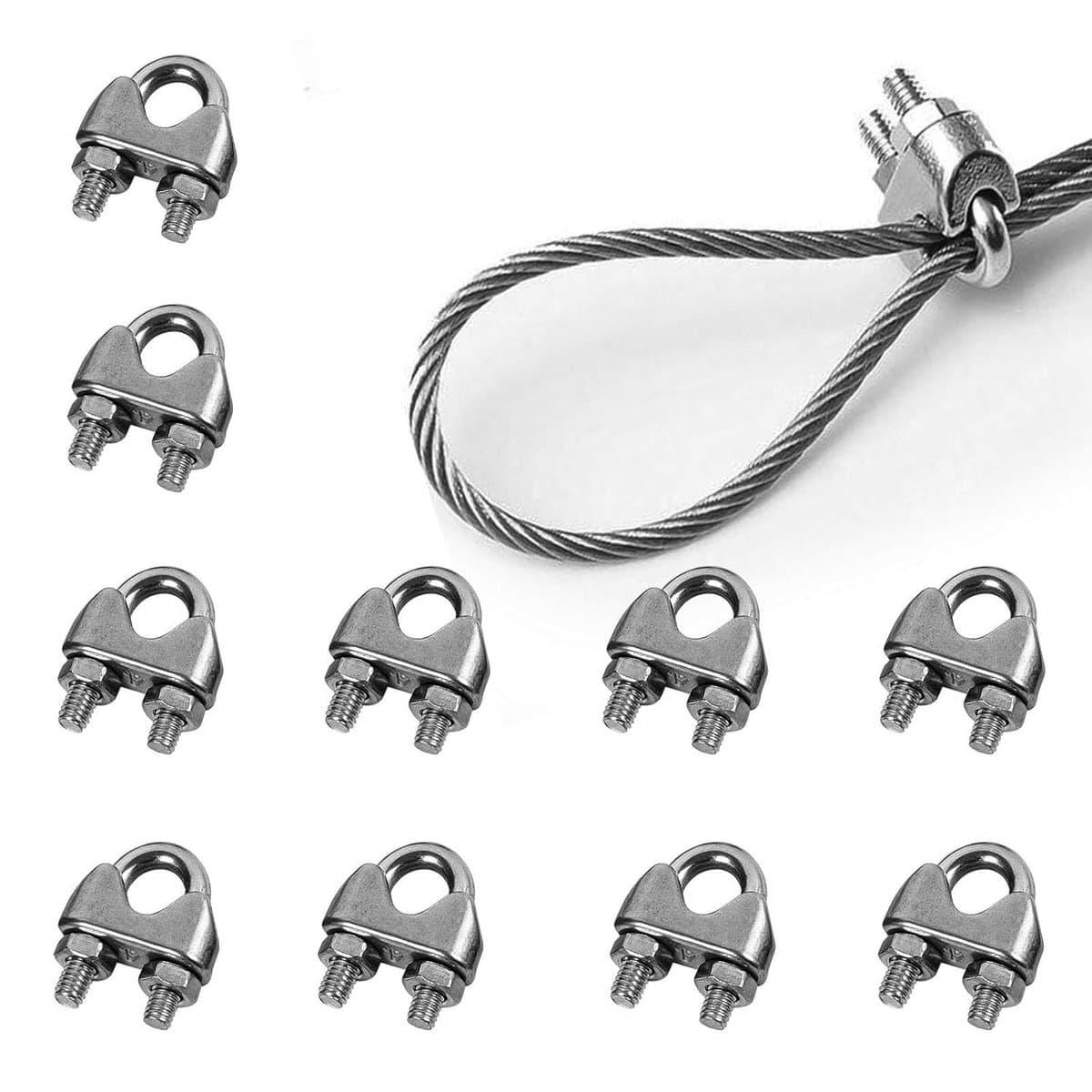 SnelShoppen - 10 Stuks Kabelklemmen 3mm, RVS Draad Kabel U-Beugel Klemmen, Stevige Rope Beugel voor Kledinglijn, Zonnedoek, Stalen Draad Bevestiging — afbeelding 1