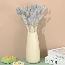 Gedroogde hazenstaart, 15,7 inch, 70 stuks, natuurlijke zachte kunstmatige gedroogde konijnenstaart, voor woondecoratie, bohovaas, bruiloft, grijsblauw — thumbnail 5