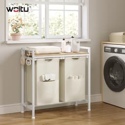 Wasmand met 2 vakken, 40 l/mand, met rek | Waszak van afneembare Oxford-stof, metalen frame, wit + licht eiken — thumbnail 5