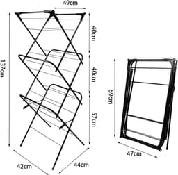 PIPIPOXER- Wasrek Inklapbaar-Droogrek-Droogtoren voor Binnen-Wastoren-3 Verdiepingen- Compact Opvouwbaar-75x49x170 CM-Ecologisch Was Drogen -Zwart — thumbnail 4