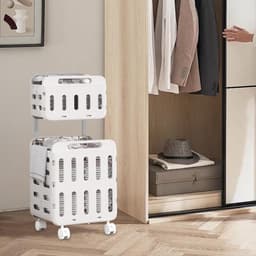 Wasmand op wielen - Kledingmand opbergmand - Kleding sorteren - Dubbellaags systeem - 47L x 41W x 14H cm - Wit — thumbnail 3
